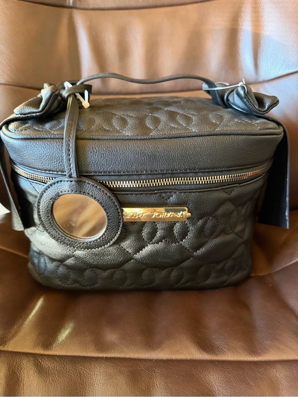 Betsey Johnson Double Bow Black Quilted Train Case w/Top Handle & Charm NWT
